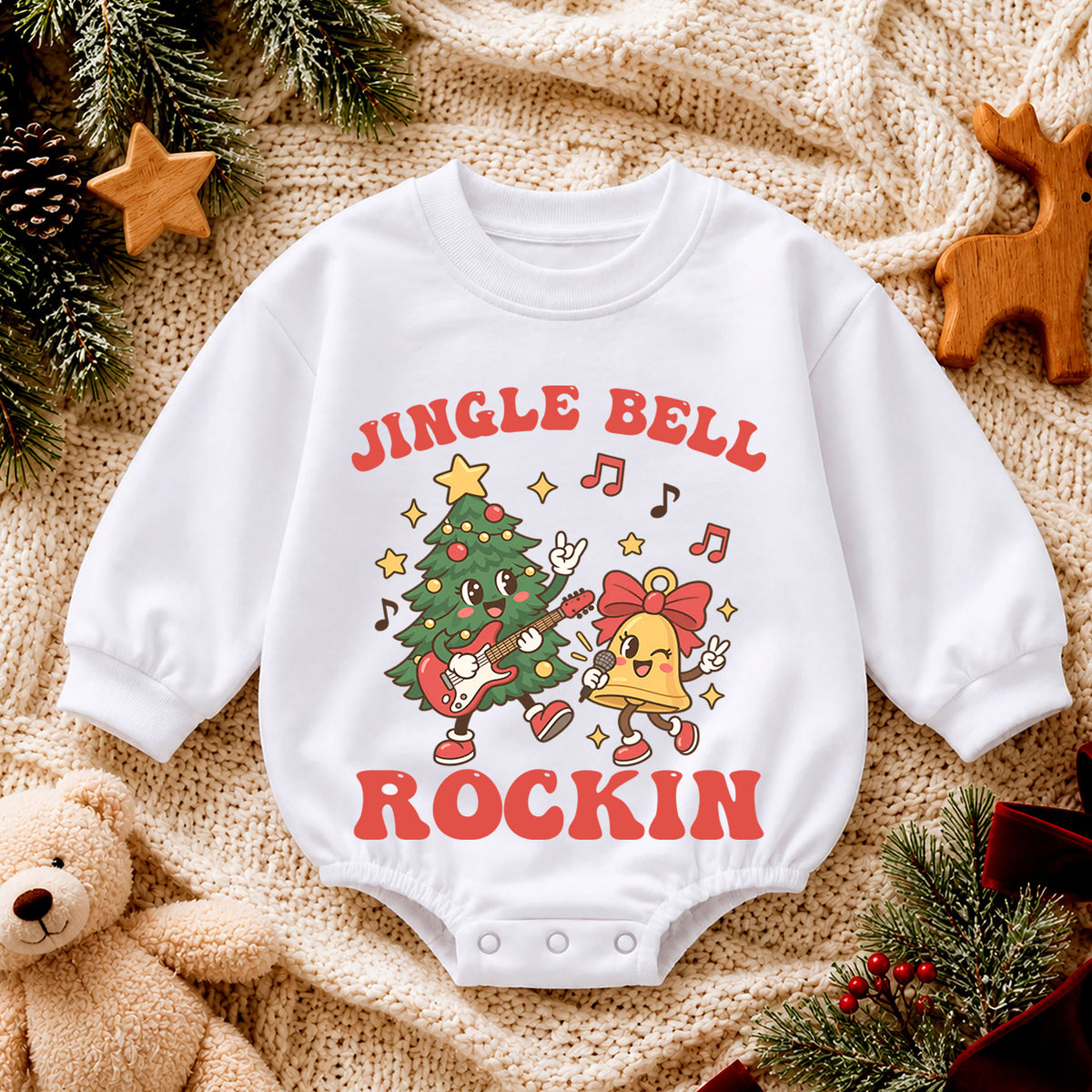 Jingle Bell Rockin Tree Romper, Christmas Guitar Baby Outfit, 1st Christmas Gift, 1st Birthday Holiday Keepsake for Little Baby — product view 4