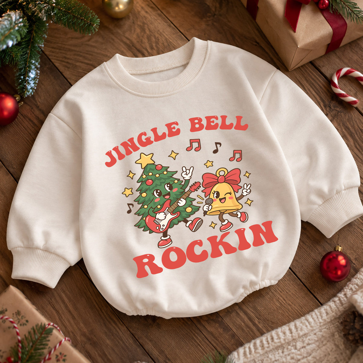 Jingle Bell Rockin Tree Romper, Christmas Guitar Baby Outfit, 1st Christmas Gift, 1st Birthday Holiday Keepsake for Little Baby — product view 5