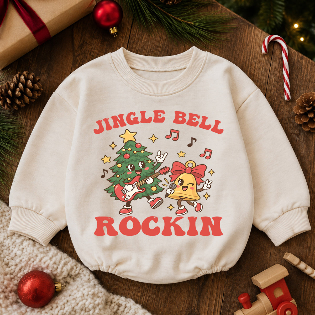 Jingle Bell Rockin Tree Romper, Christmas Guitar Baby Outfit, 1st Christmas Gift, 1st Birthday Holiday Keepsake for Little Baby — product view 6