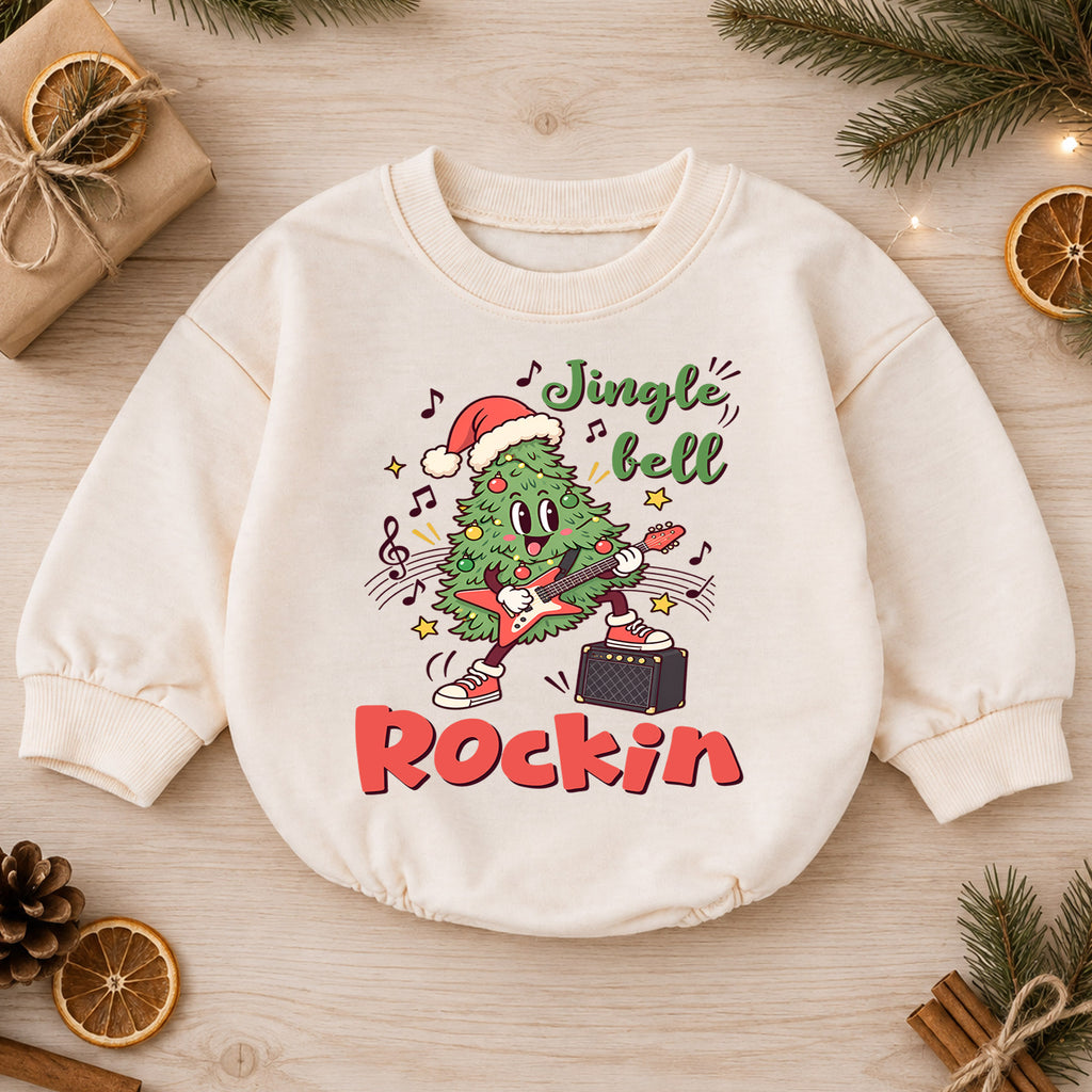 Jingle Bell Rockin Baby Romper, Guitar Christmas Tree Outfit, Winter 1st Birthday Gift, Baby 1st Christmas Holiday Keepsake — product view 1