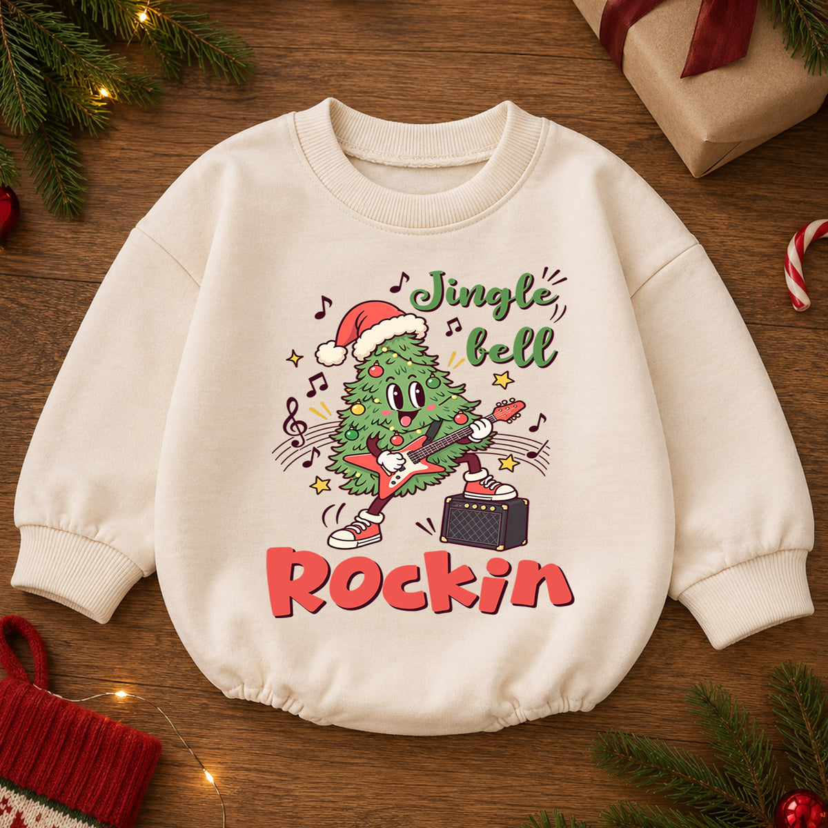 Jingle Bell Rockin Baby Romper, Guitar Christmas Tree Outfit, Winter 1st Birthday Gift, Baby 1st Christmas Holiday Keepsake — product view 2