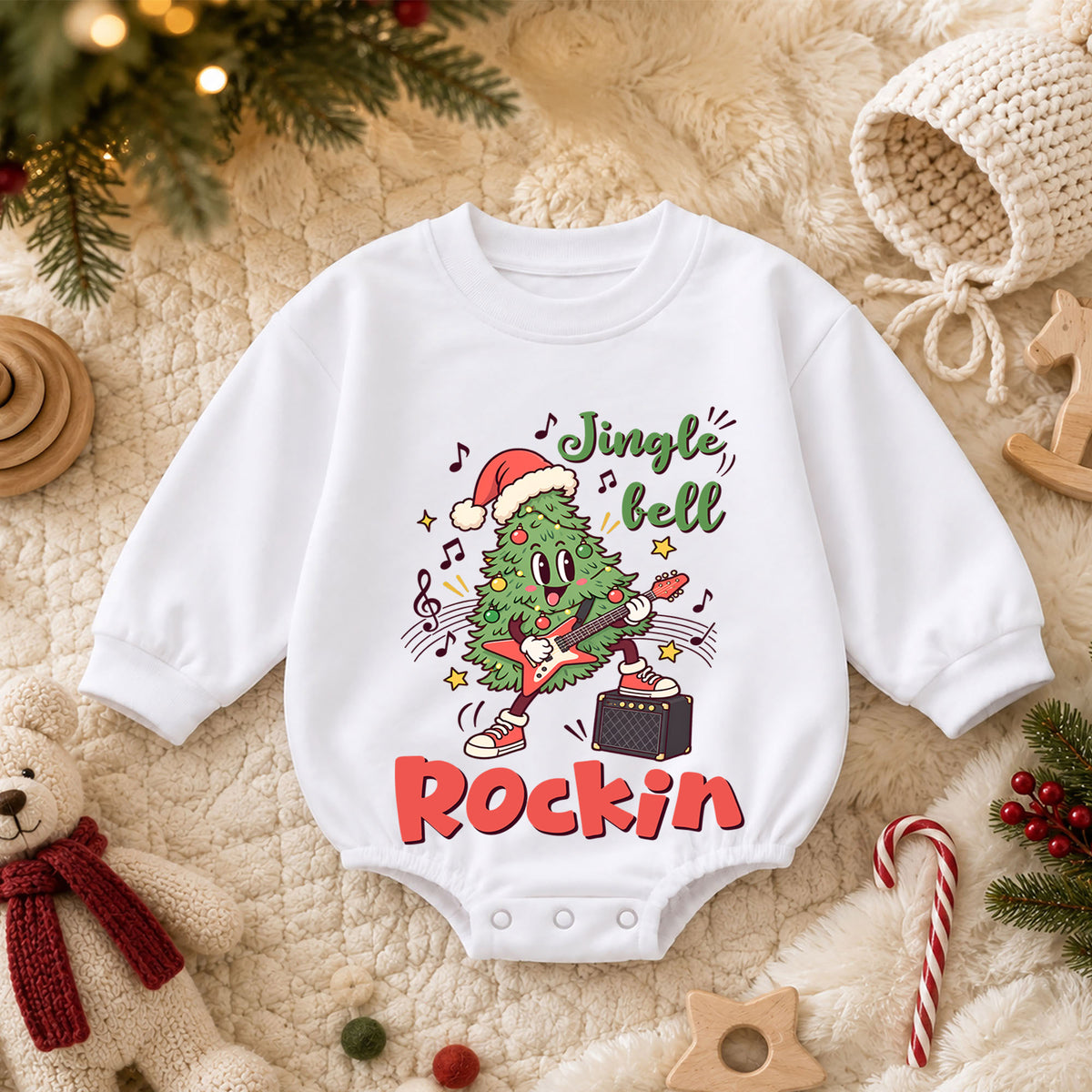 Jingle Bell Rockin Baby Romper, Guitar Christmas Tree Outfit, Winter 1st Birthday Gift, Baby 1st Christmas Holiday Keepsake — product view 3