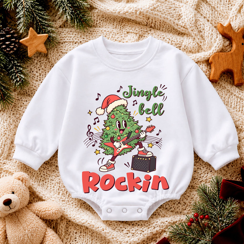 Jingle Bell Rockin Baby Romper, Guitar Christmas Tree Outfit, Winter 1st Birthday Gift, Baby 1st Christmas Holiday Keepsake — product view 4