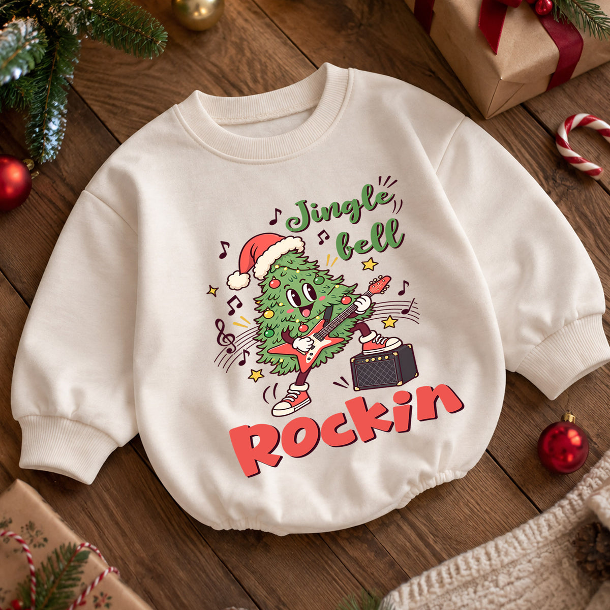 Jingle Bell Rockin Baby Romper, Guitar Christmas Tree Outfit, Winter 1st Birthday Gift, Baby 1st Christmas Holiday Keepsake — product view 5
