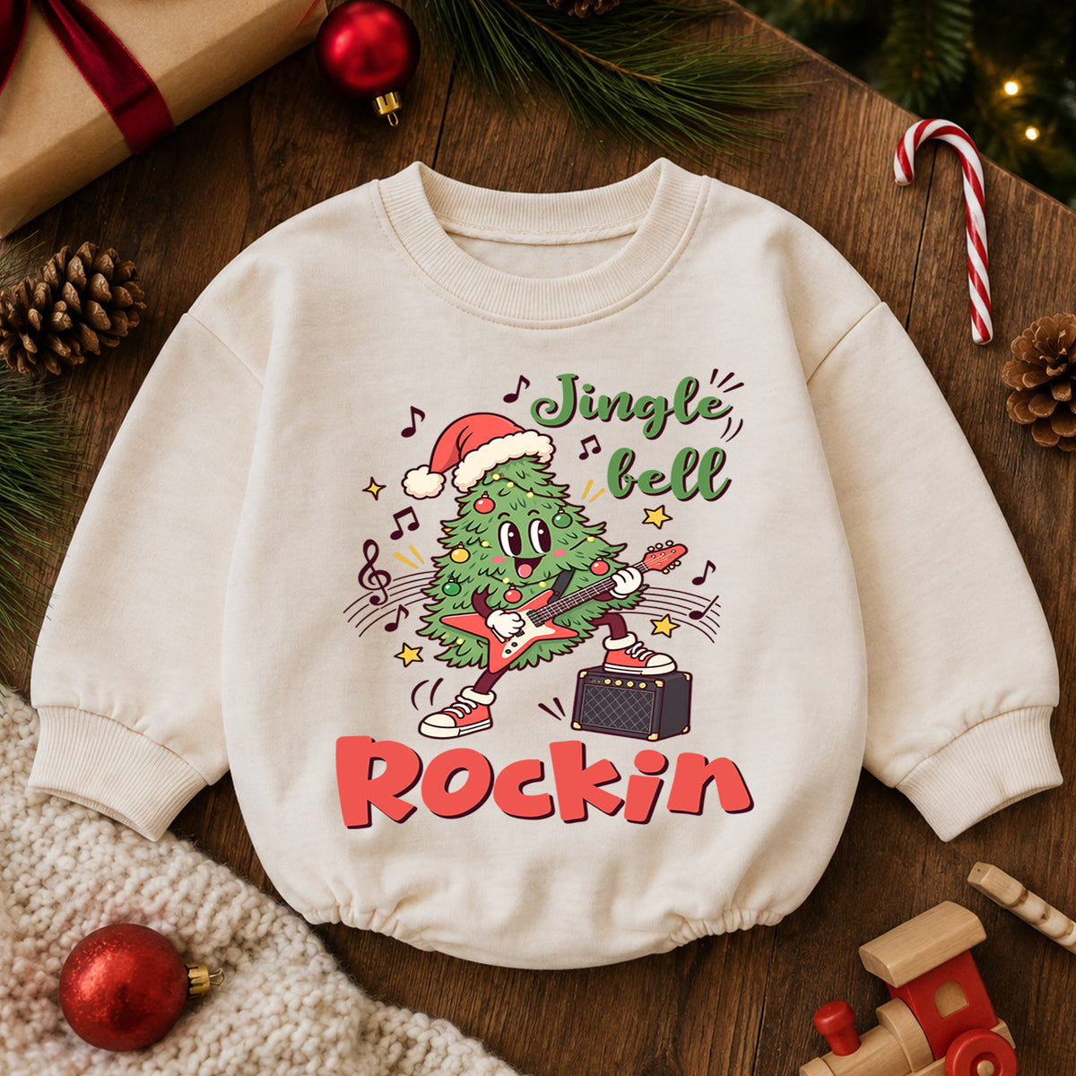 Jingle Bell Rockin Baby Romper, Guitar Christmas Tree Outfit, Winter 1st Birthday Gift, Baby 1st Christmas Holiday Keepsake — product view 6