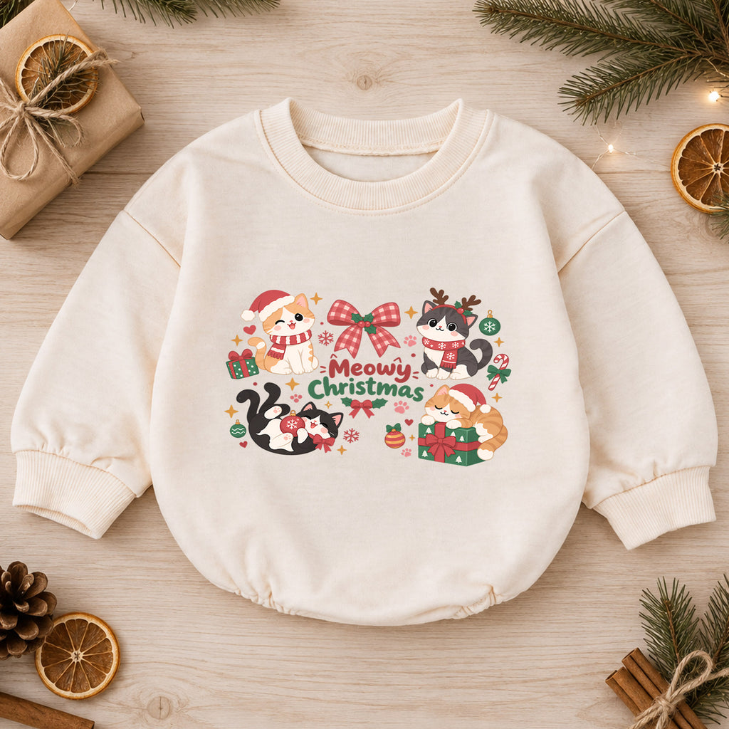 Meowy Christmas Cat Romper, Cute Kitty Holiday Baby Outfit, 1st Birthday Christmas Gift, Baby 1st Christmas Keepsake Romper — product view 1
