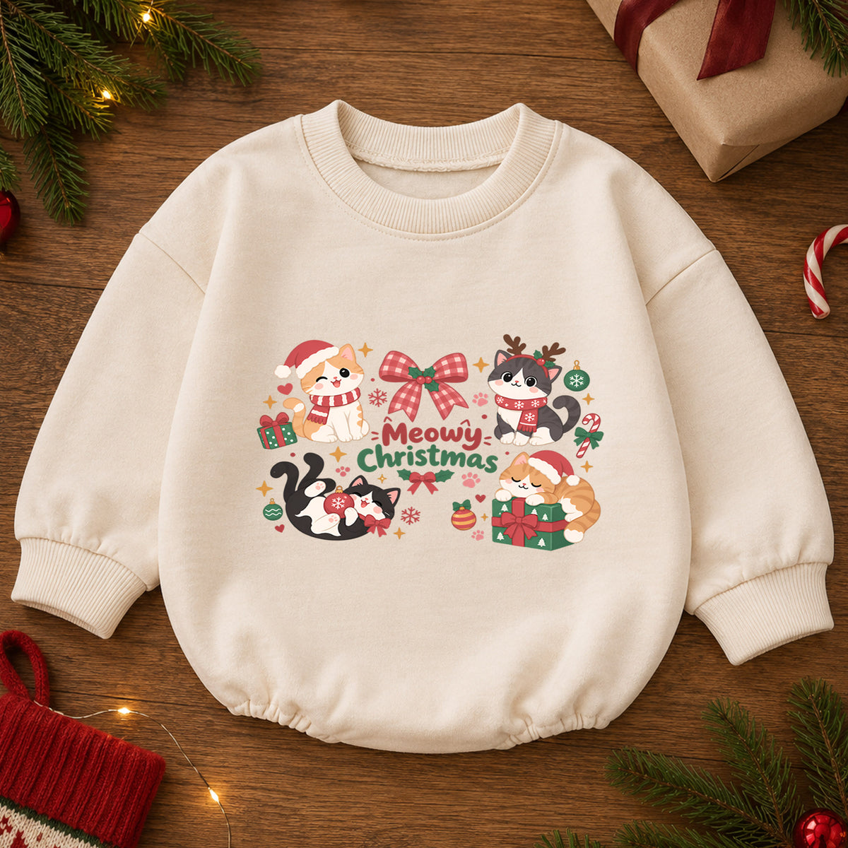 Meowy Christmas Cat Romper, Cute Kitty Holiday Baby Outfit, 1st Birthday Christmas Gift, Baby 1st Christmas Keepsake Romper — product view 2