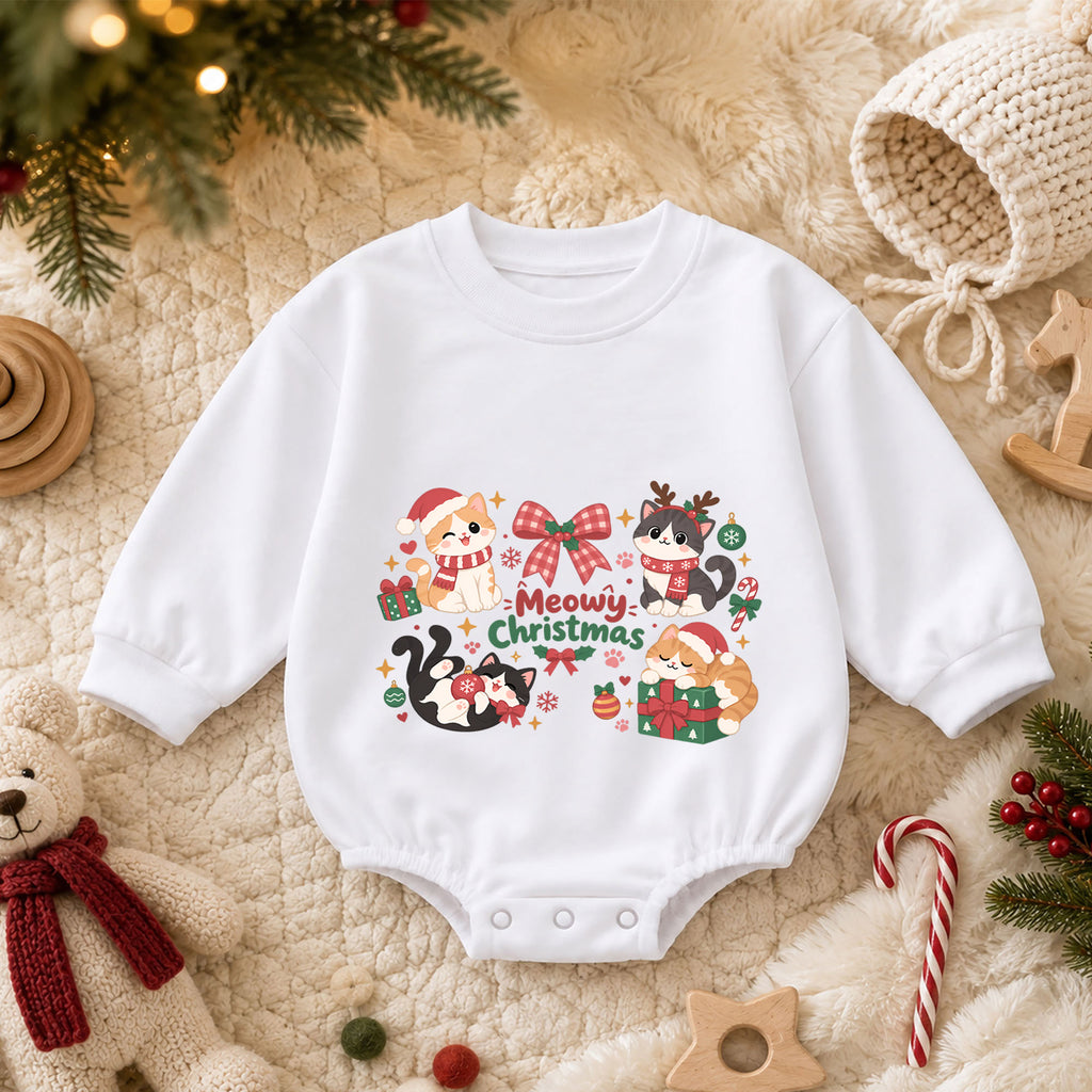Meowy Christmas Cat Romper, Cute Kitty Holiday Baby Outfit, 1st Birthday Christmas Gift, Baby 1st Christmas Keepsake Romper — product view 3