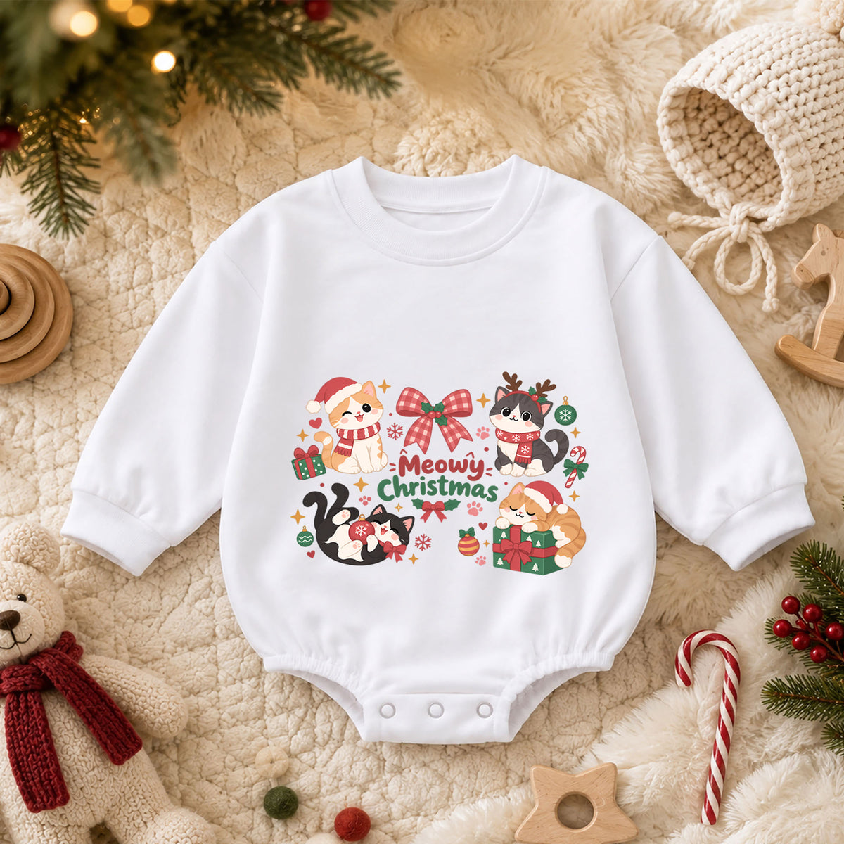 Meowy Christmas Cat Romper, Cute Kitty Holiday Baby Outfit, 1st Birthday Christmas Gift, Baby 1st Christmas Keepsake Romper — product view 3