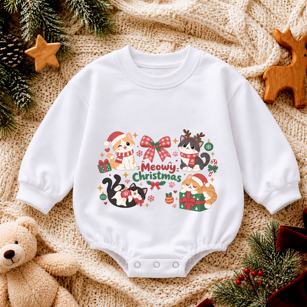 Meowy Christmas Cat Romper, Cute Kitty Holiday Baby Outfit, 1st Birthday Christmas Gift, Baby 1st Christmas Keepsake Romper — product view 4