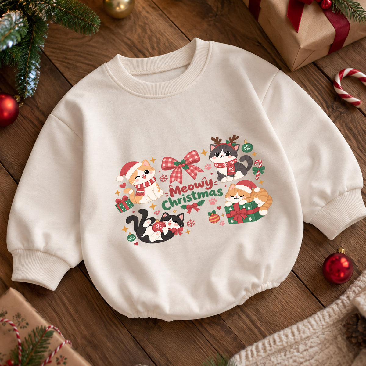 Meowy Christmas Cat Romper, Cute Kitty Holiday Baby Outfit, 1st Birthday Christmas Gift, Baby 1st Christmas Keepsake Romper — product view 5