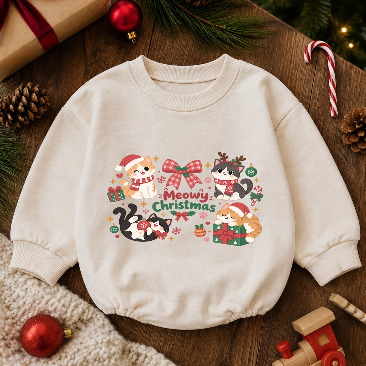 Meowy Christmas Cat Romper, Cute Kitty Holiday Baby Outfit, 1st Birthday Christmas Gift, Baby 1st Christmas Keepsake Romper — product view 6