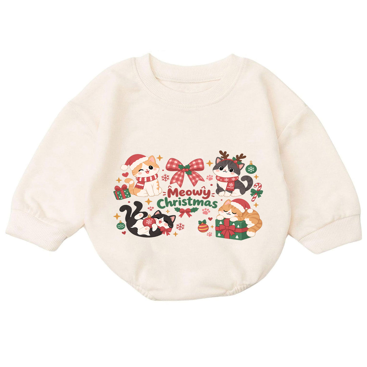 Meowy Christmas Cat Romper, Cute Kitty Holiday Baby Outfit, 1st Birthday Christmas Gift, Baby 1st Christmas Keepsake Romper — product view 7