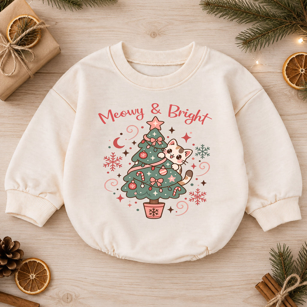 Meowy and Bright Cat Romper, Christmas Tree Kitty Baby Outfit, 1st Christmas Gift, 1st Birthday Holiday Keepsake for Little Baby — product view 1