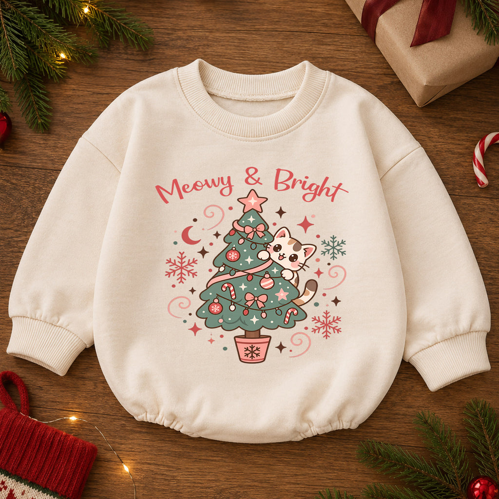 Meowy and Bright Cat Romper, Christmas Tree Kitty Baby Outfit, 1st Christmas Gift, 1st Birthday Holiday Keepsake for Little Baby — product view 2