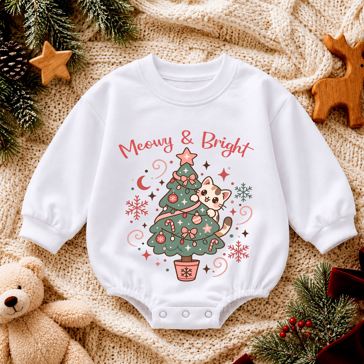 Meowy and Bright Cat Romper, Christmas Tree Kitty Baby Outfit, 1st Christmas Gift, 1st Birthday Holiday Keepsake for Little Baby — product view 4