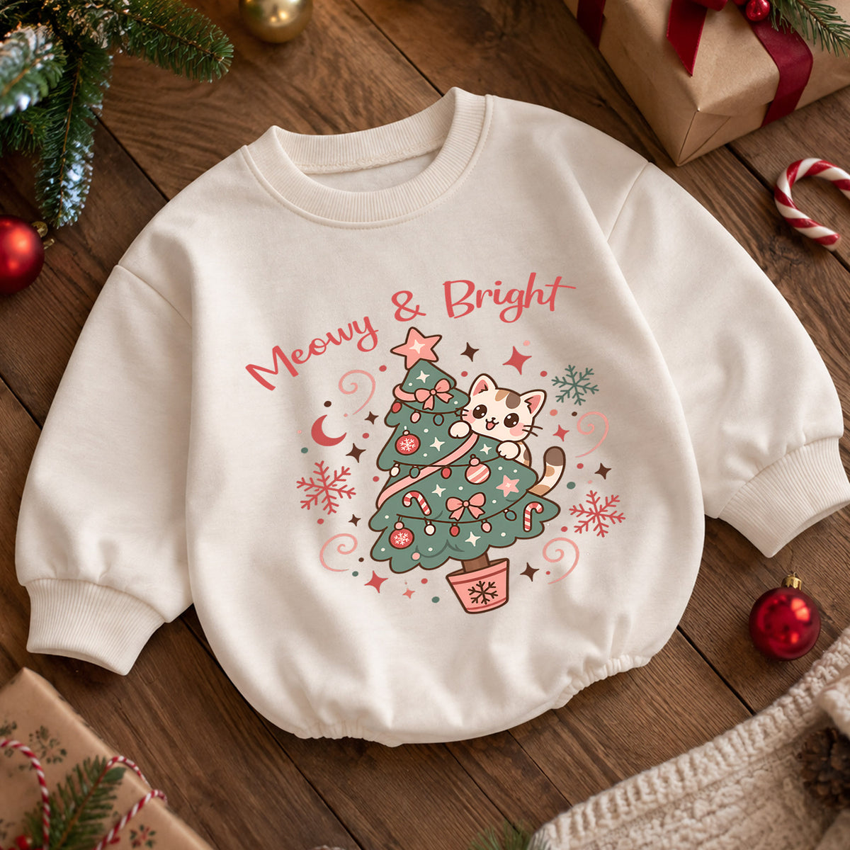 Meowy and Bright Cat Romper, Christmas Tree Kitty Baby Outfit, 1st Christmas Gift, 1st Birthday Holiday Keepsake for Little Baby — product view 5