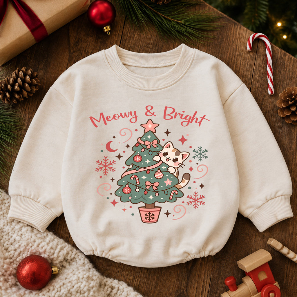 Meowy and Bright Cat Romper, Christmas Tree Kitty Baby Outfit, 1st Christmas Gift, 1st Birthday Holiday Keepsake for Little Baby — product view 6