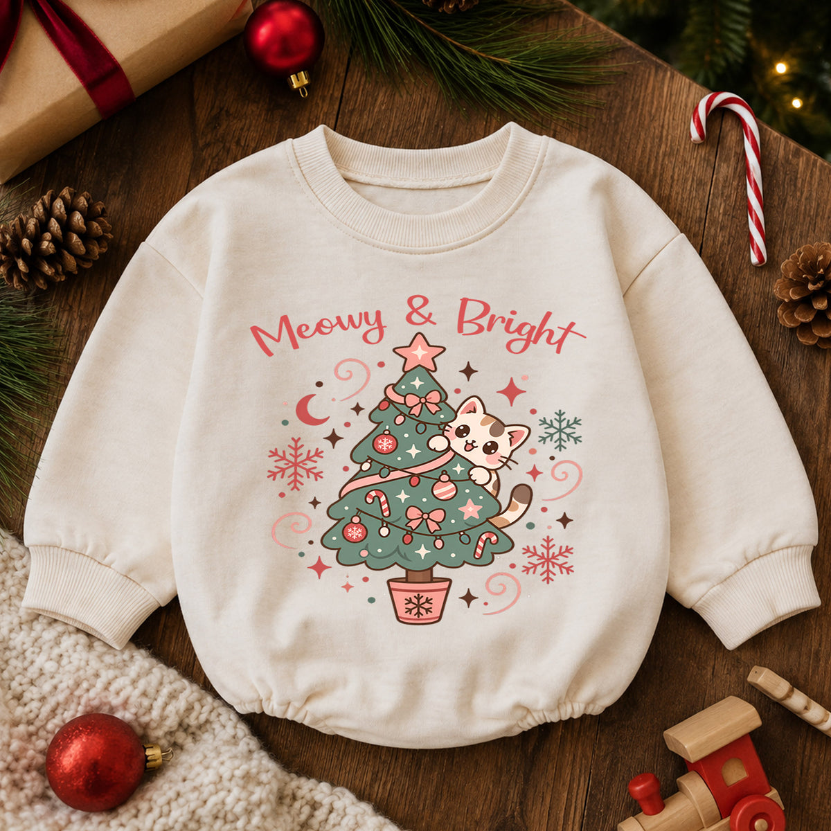 Meowy and Bright Cat Romper, Christmas Tree Kitty Baby Outfit, 1st Christmas Gift, 1st Birthday Holiday Keepsake for Little Baby — product view 6