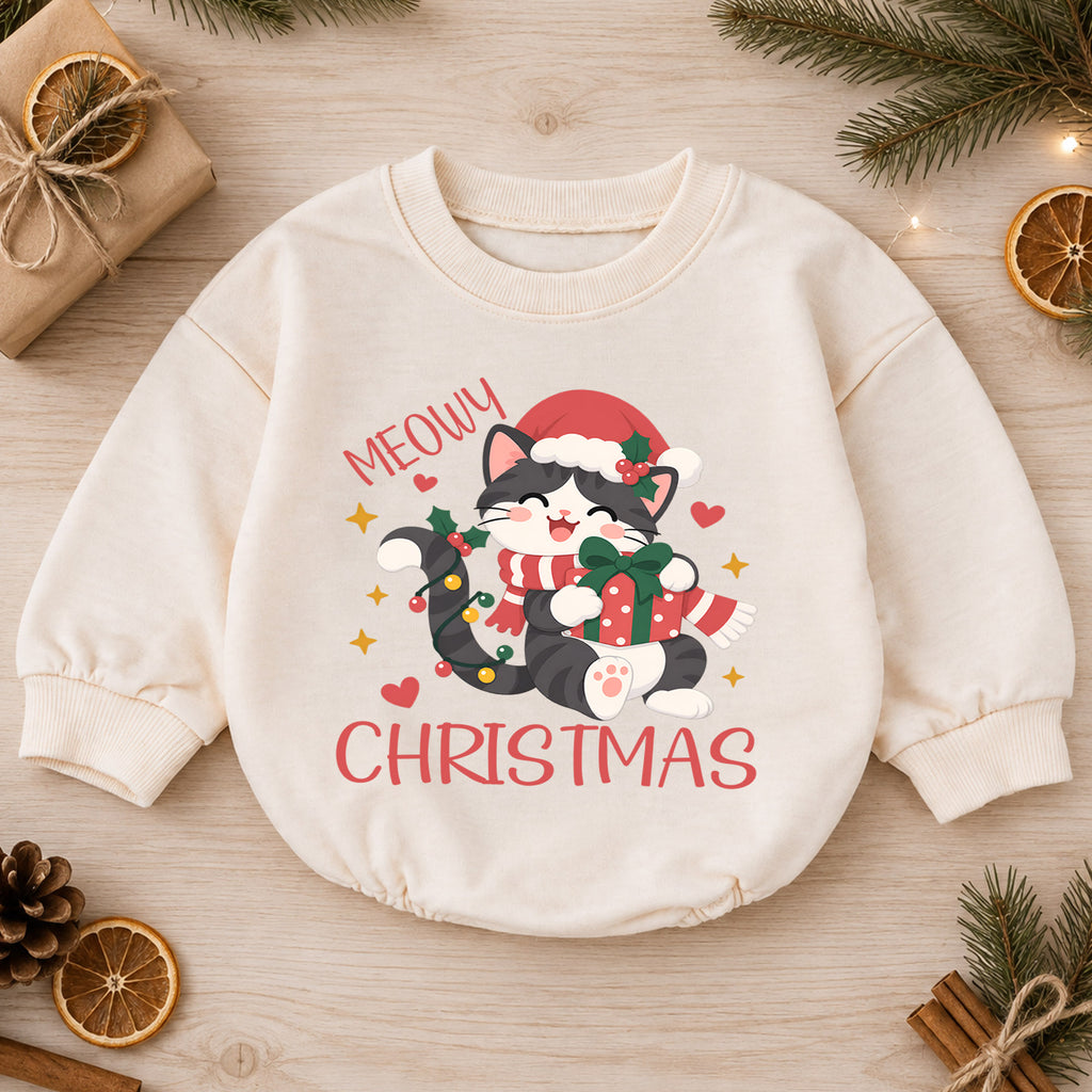 Meowy Christmas Cat Romper, Santa Kitty Gift Baby Outfit, 1st Birthday Holiday Gift, Baby 1st Christmas Keepsake Romper — product view 1
