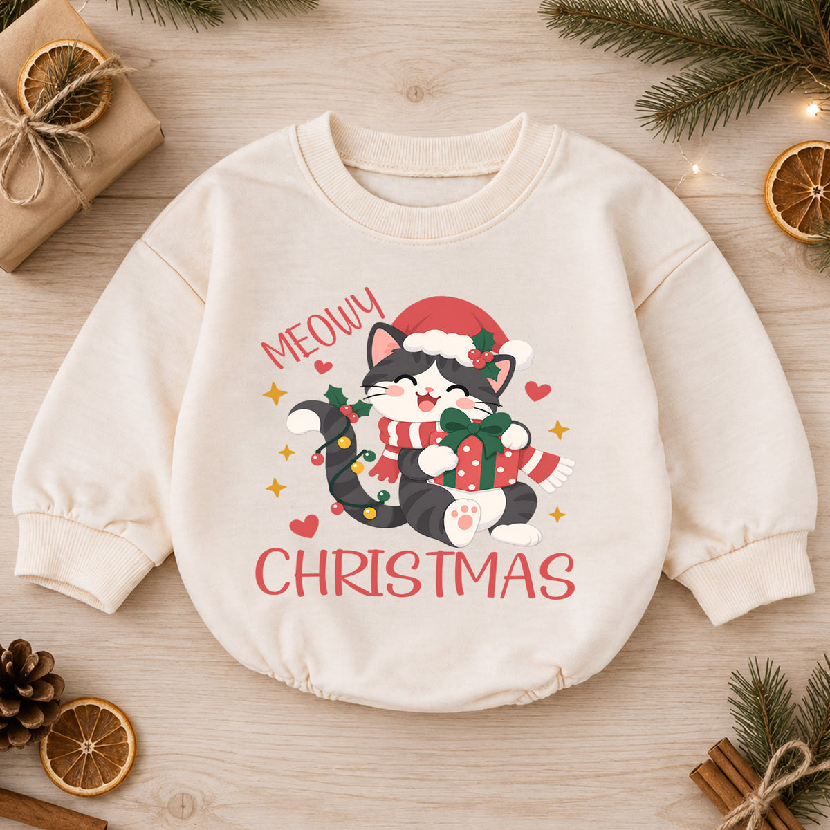Meowy Christmas Cat Romper, Santa Kitty Gift Baby Outfit, 1st Birthday Holiday Gift, Baby 1st Christmas Keepsake Romper — product view 1