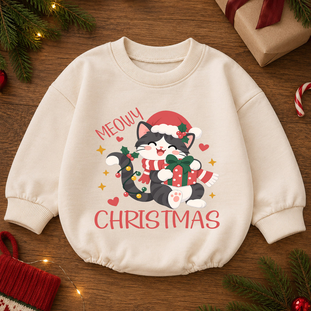 Meowy Christmas Cat Romper, Santa Kitty Gift Baby Outfit, 1st Birthday Holiday Gift, Baby 1st Christmas Keepsake Romper — product view 2