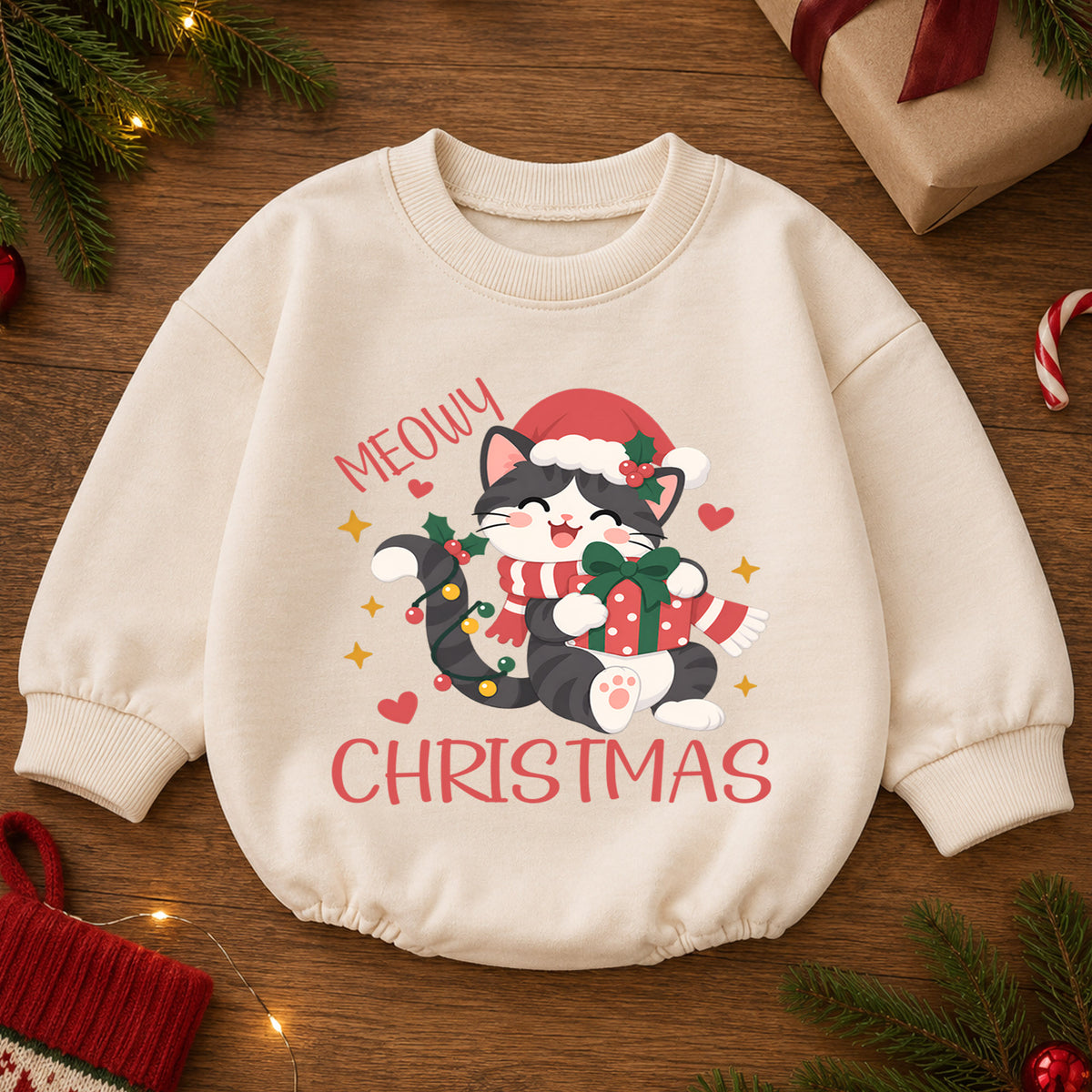 Meowy Christmas Cat Romper, Santa Kitty Gift Baby Outfit, 1st Birthday Holiday Gift, Baby 1st Christmas Keepsake Romper — product view 2