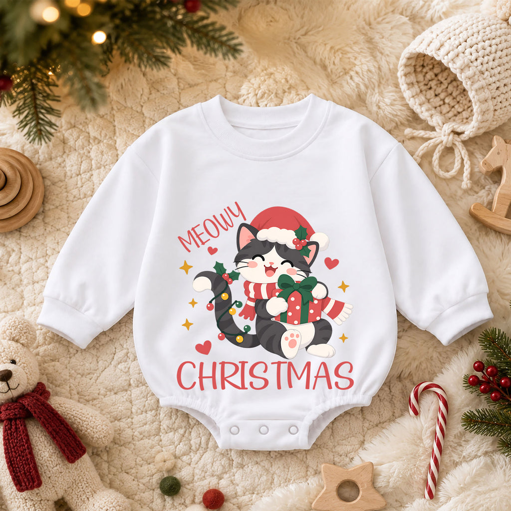 Meowy Christmas Cat Romper, Santa Kitty Gift Baby Outfit, 1st Birthday Holiday Gift, Baby 1st Christmas Keepsake Romper — product view 3