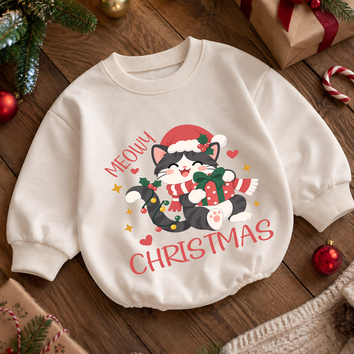 Meowy Christmas Cat Romper, Santa Kitty Gift Baby Outfit, 1st Birthday Holiday Gift, Baby 1st Christmas Keepsake Romper — product view 5