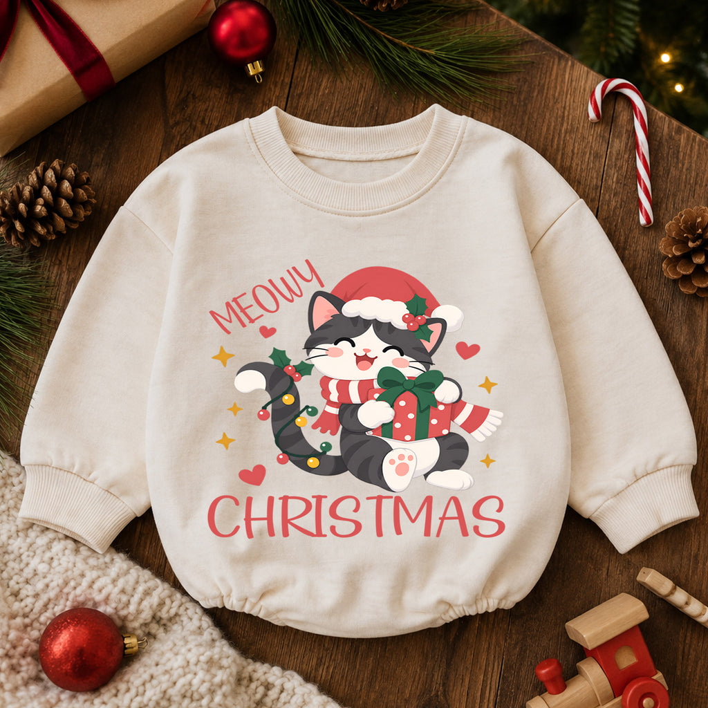 Meowy Christmas Cat Romper, Santa Kitty Gift Baby Outfit, 1st Birthday Holiday Gift, Baby 1st Christmas Keepsake Romper — product view 6