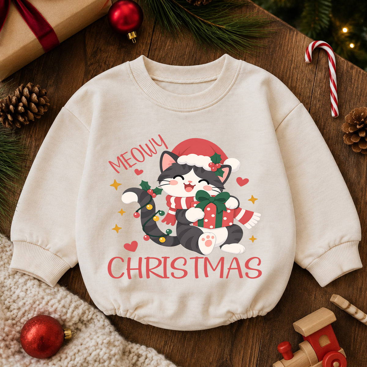 Meowy Christmas Cat Romper, Santa Kitty Gift Baby Outfit, 1st Birthday Holiday Gift, Baby 1st Christmas Keepsake Romper — product view 6