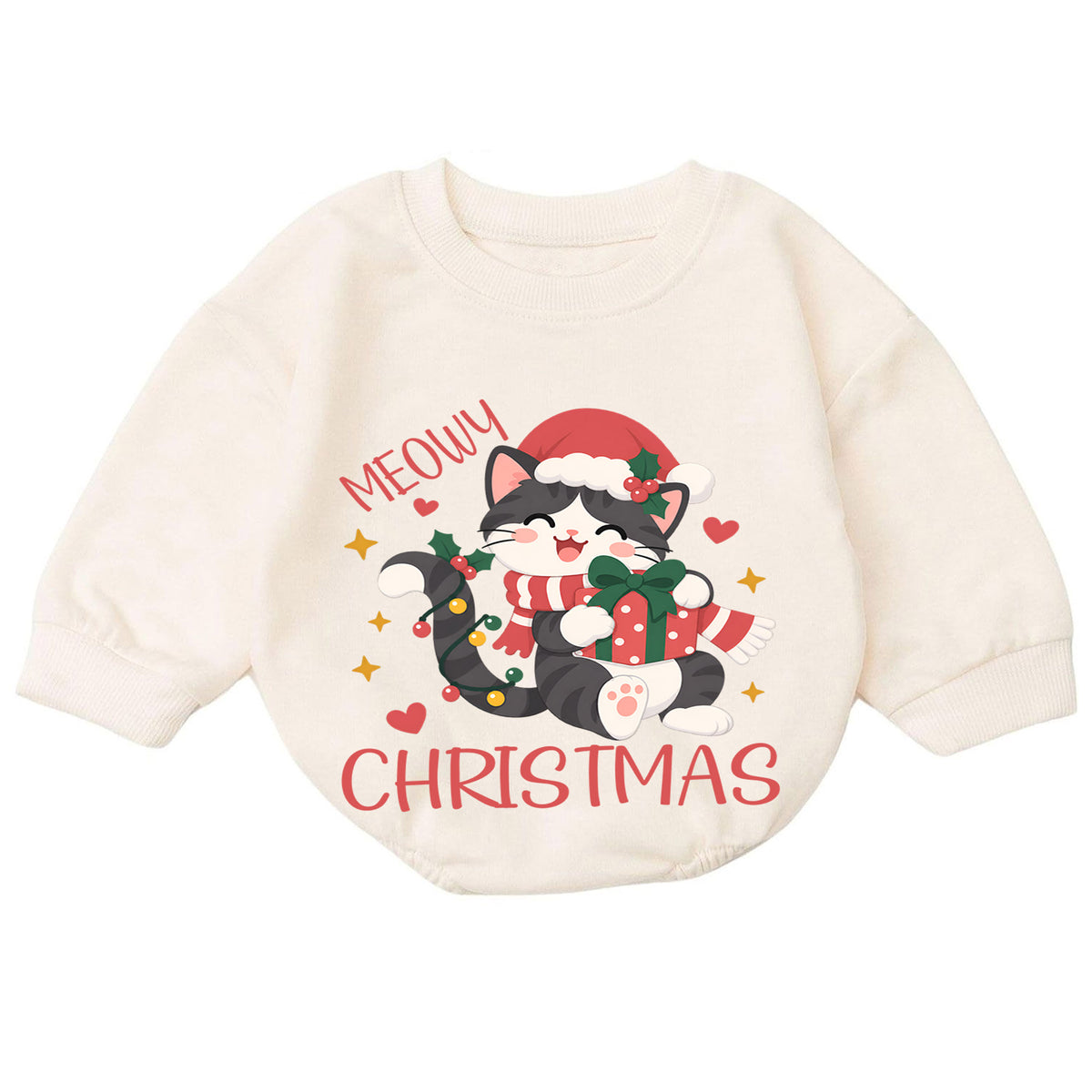 Meowy Christmas Cat Romper, Santa Kitty Gift Baby Outfit, 1st Birthday Holiday Gift, Baby 1st Christmas Keepsake Romper — product view 7