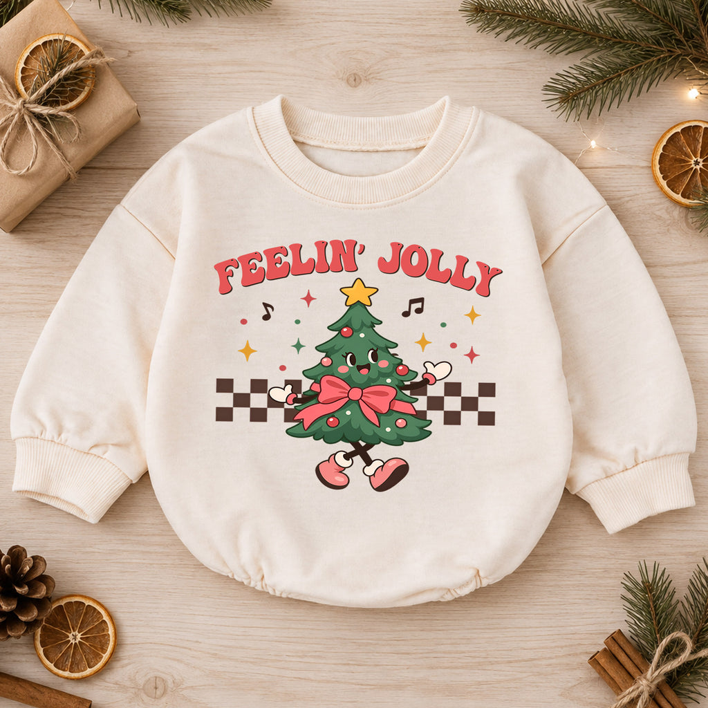 Feelin' Jolly Christmas Tree Baby Romper, Retro Holiday Outfit for 1st Birthday, Baby 1st Christmas Romper, Festive Xmas Gift — product view 1