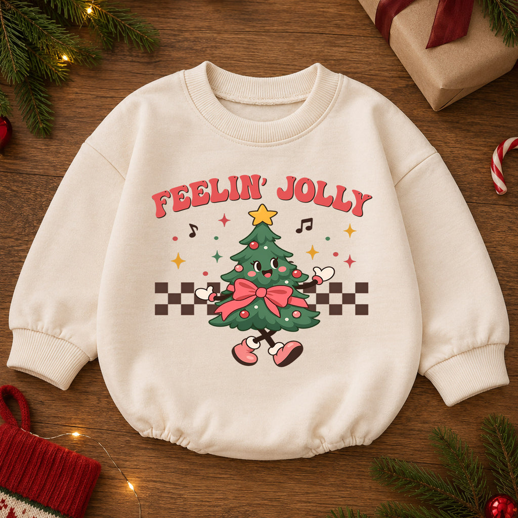 Feelin' Jolly Christmas Tree Baby Romper, Retro Holiday Outfit for 1st Birthday, Baby 1st Christmas Romper, Festive Xmas Gift — product view 2