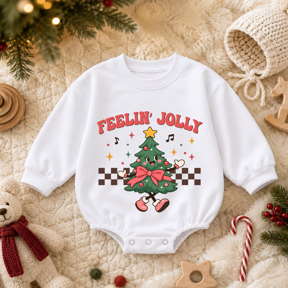 Feelin' Jolly Christmas Tree Baby Romper, Retro Holiday Outfit for 1st Birthday, Baby 1st Christmas Romper, Festive Xmas Gift — product view 3
