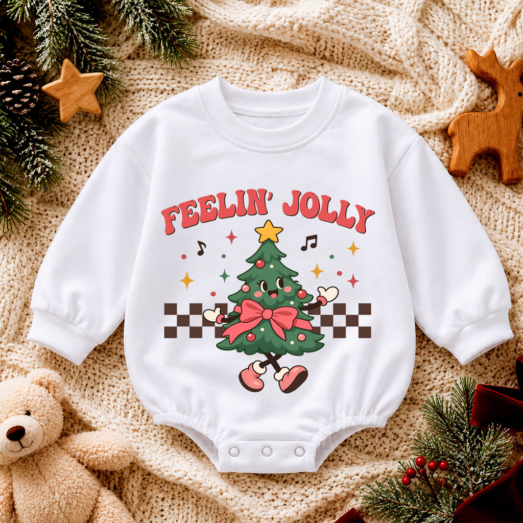 Feelin' Jolly Christmas Tree Baby Romper, Retro Holiday Outfit for 1st Birthday, Baby 1st Christmas Romper, Festive Xmas Gift — product view 4