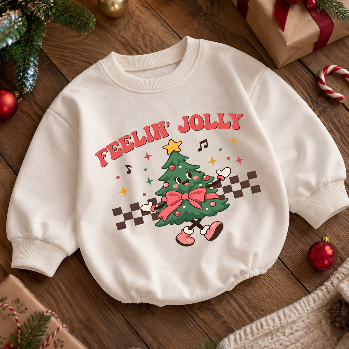 Feelin' Jolly Christmas Tree Baby Romper, Retro Holiday Outfit for 1st Birthday, Baby 1st Christmas Romper, Festive Xmas Gift — product view 5