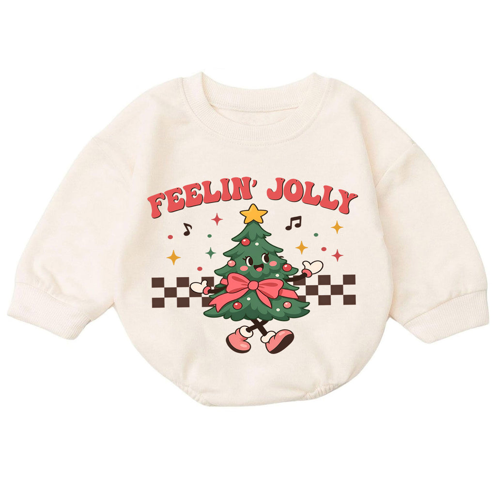 Feelin' Jolly Christmas Tree Baby Romper, Retro Holiday Outfit for 1st Birthday, Baby 1st Christmas Romper, Festive Xmas Gift — product view 7