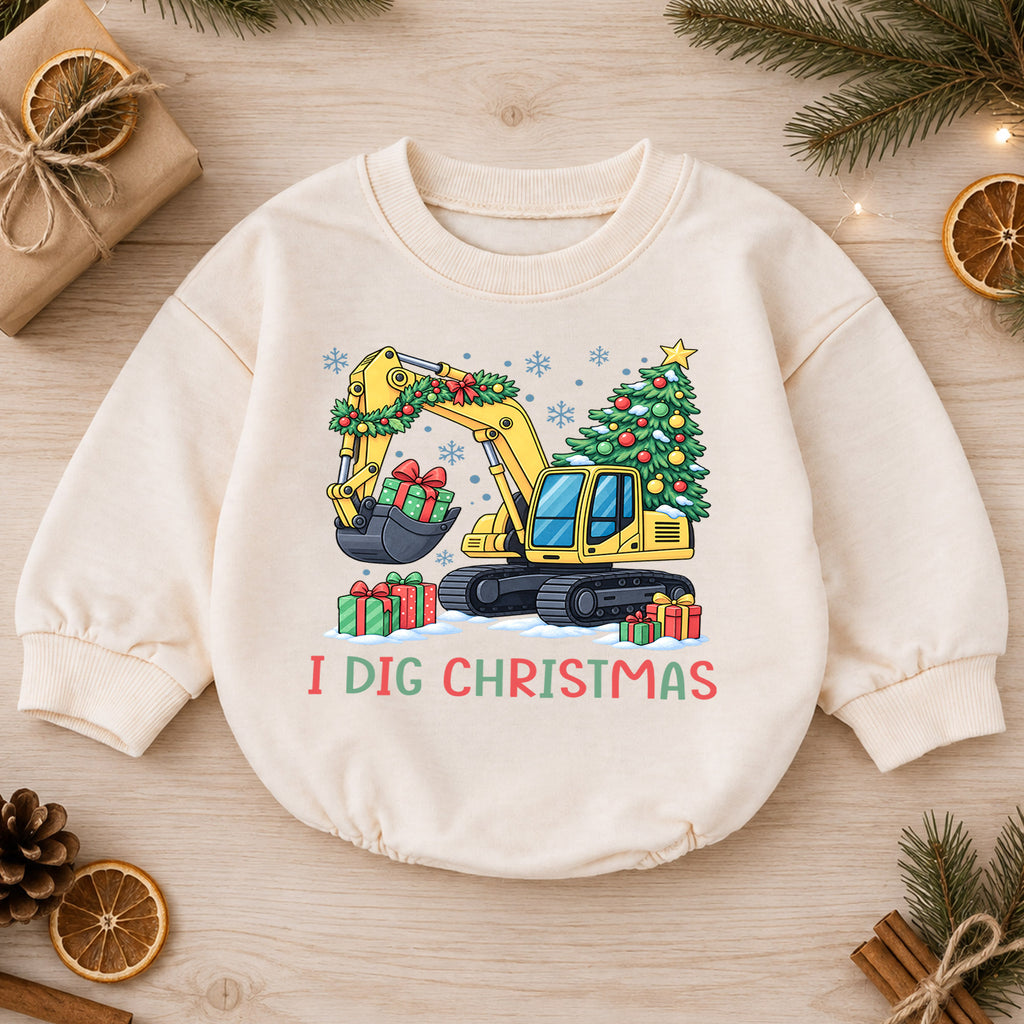 I Dig Christmas Baby Romper, Excavator Christmas Outfit, Construction Toddler Holiday Romper, Cute 1st Christmas Gift for Baby — product view 1