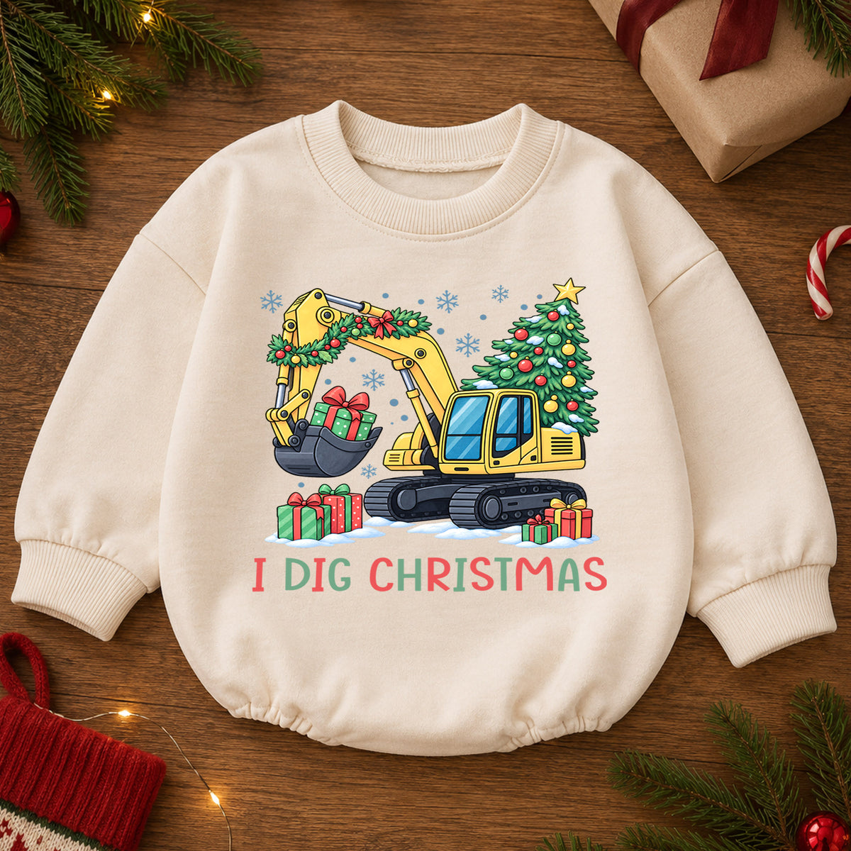 I Dig Christmas Baby Romper, Excavator Christmas Outfit, Construction Toddler Holiday Romper, Cute 1st Christmas Gift for Baby — product view 2
