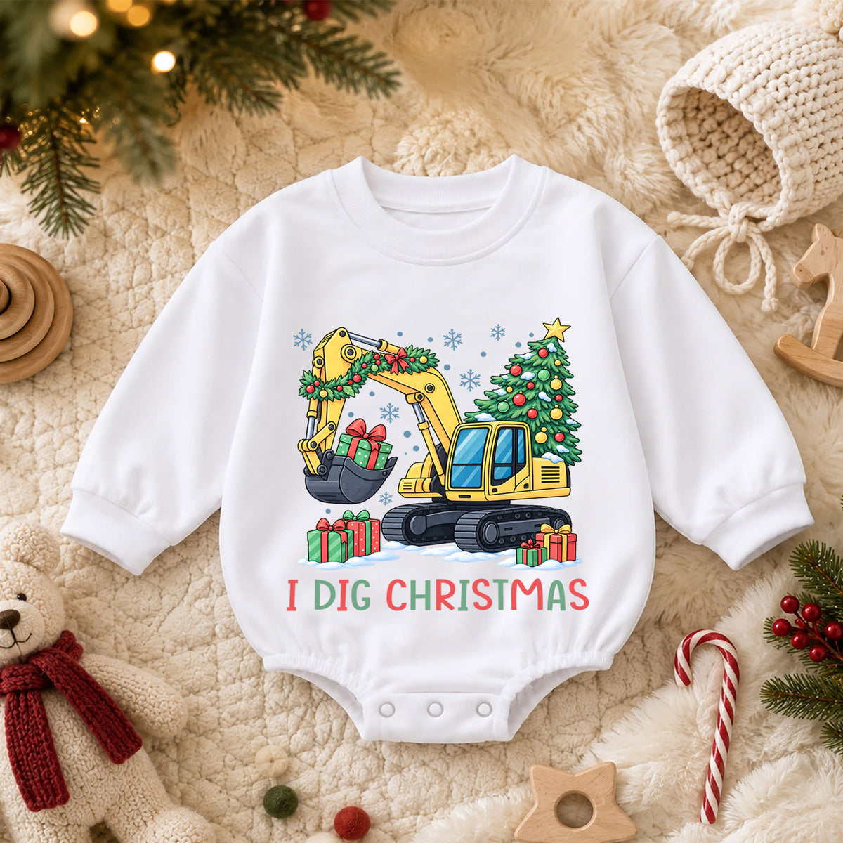 I Dig Christmas Baby Romper, Excavator Christmas Outfit, Construction Toddler Holiday Romper, Cute 1st Christmas Gift for Baby — product view 3
