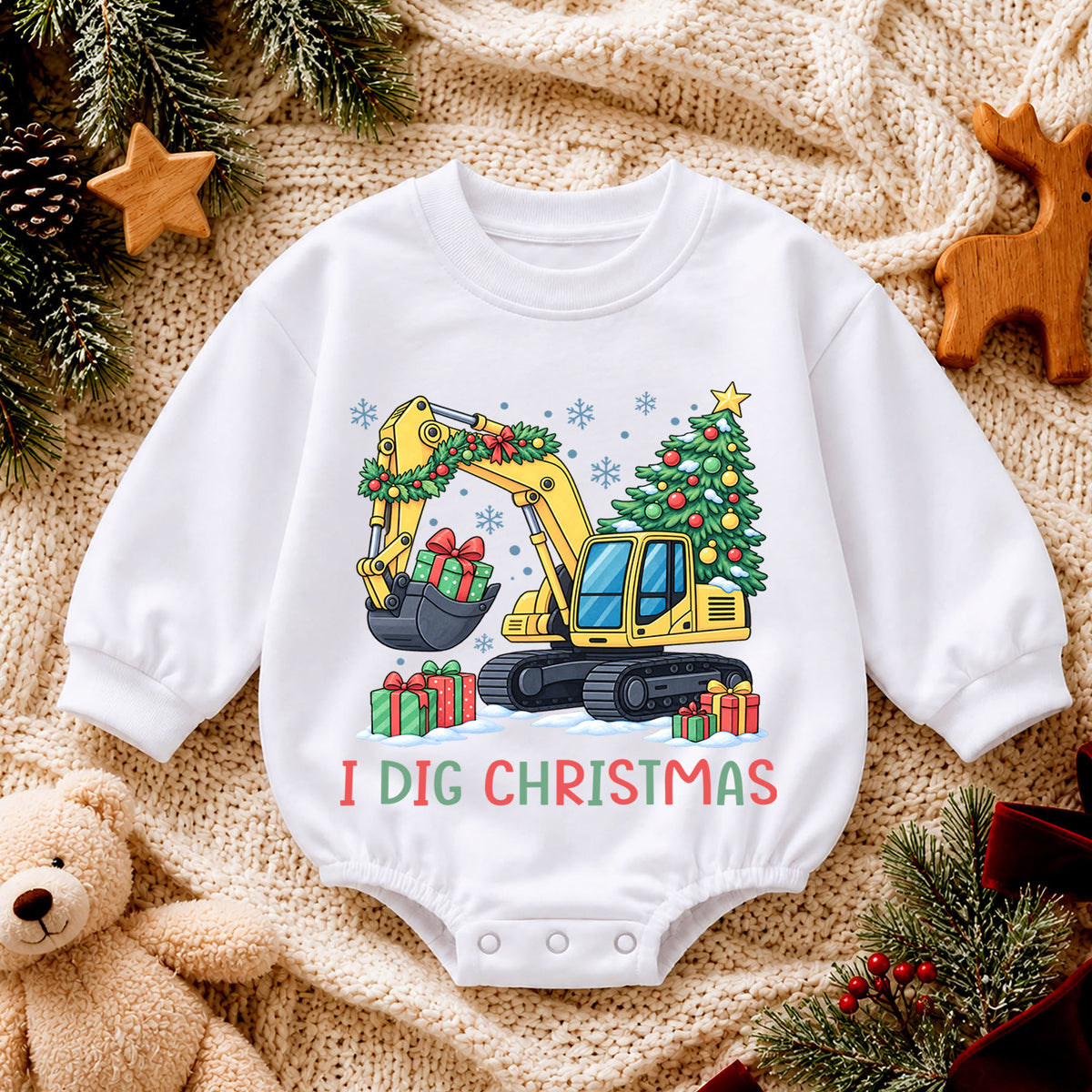 I Dig Christmas Baby Romper, Excavator Christmas Outfit, Construction Toddler Holiday Romper, Cute 1st Christmas Gift for Baby — product view 4