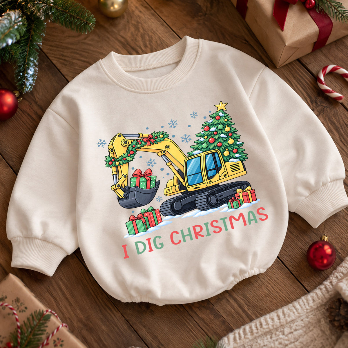 I Dig Christmas Baby Romper, Excavator Christmas Outfit, Construction Toddler Holiday Romper, Cute 1st Christmas Gift for Baby — product view 5