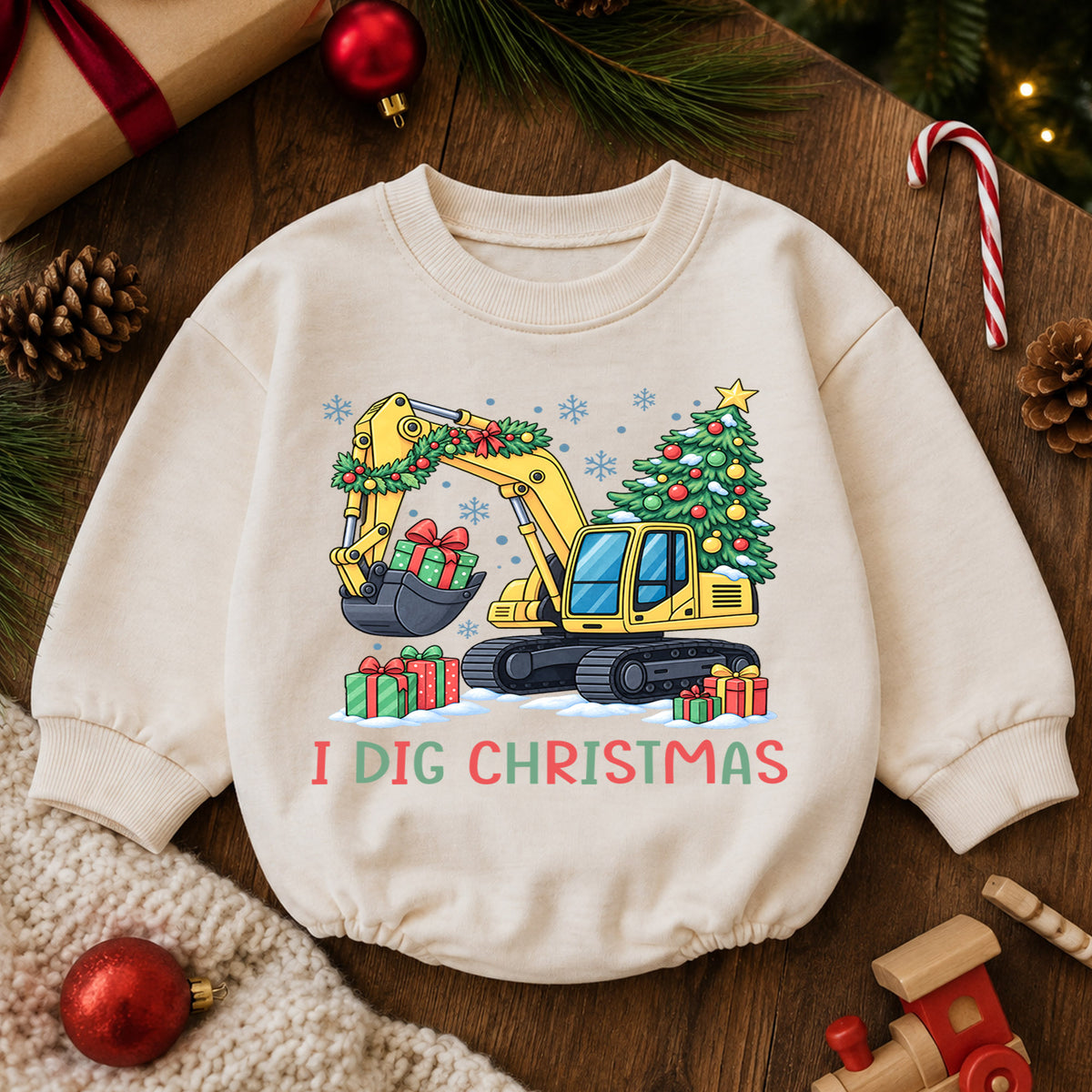 I Dig Christmas Baby Romper, Excavator Christmas Outfit, Construction Toddler Holiday Romper, Cute 1st Christmas Gift for Baby — product view 6