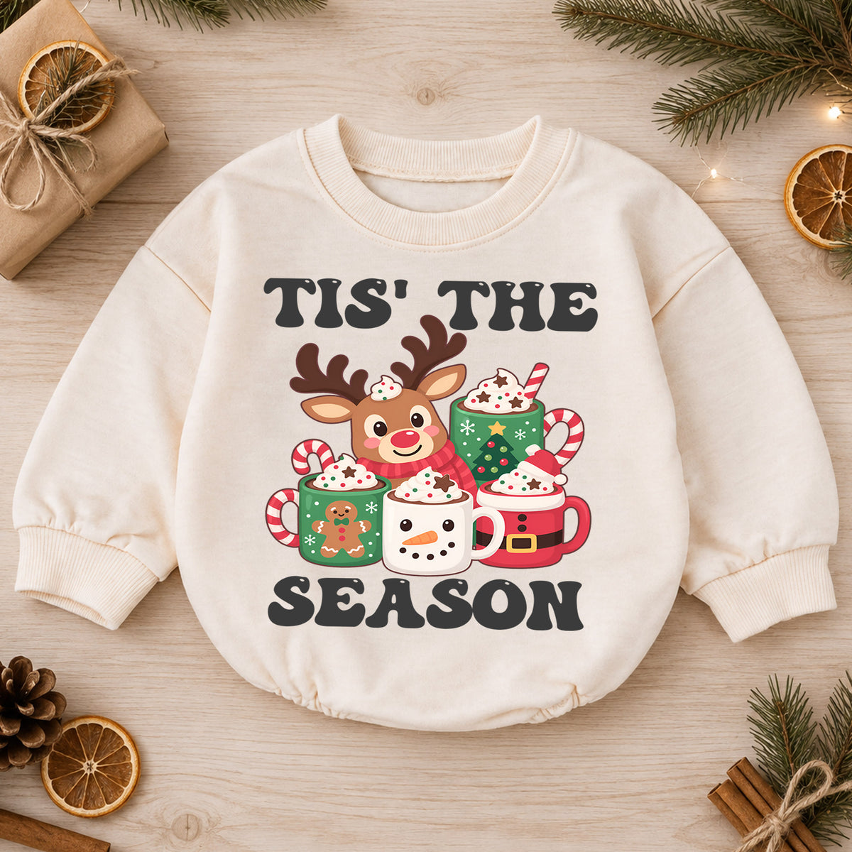 Tis the Season Reindeer Cocoa Baby Romper, Cozy 1st Christmas Outfit, Winter 1st Birthday Holiday Romper, Cute Xmas Gift — product view 1