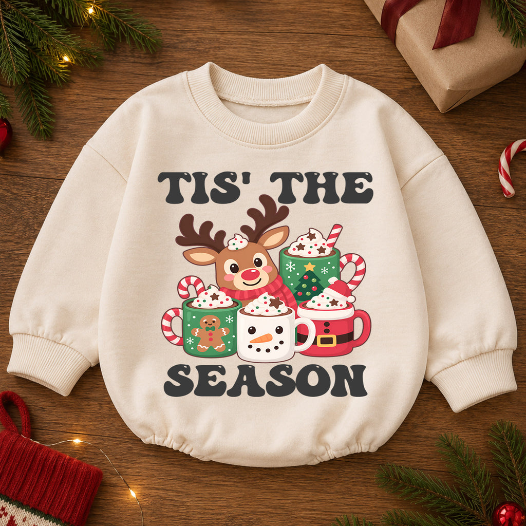 Tis the Season Reindeer Cocoa Baby Romper, Cozy 1st Christmas Outfit, Winter 1st Birthday Holiday Romper, Cute Xmas Gift — product view 2