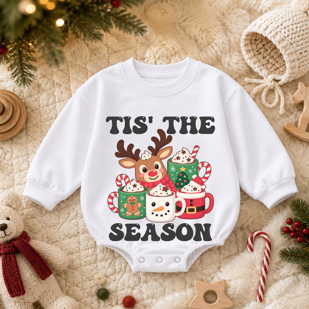 Tis the Season Reindeer Cocoa Baby Romper, Cozy 1st Christmas Outfit, Winter 1st Birthday Holiday Romper, Cute Xmas Gift — product view 3