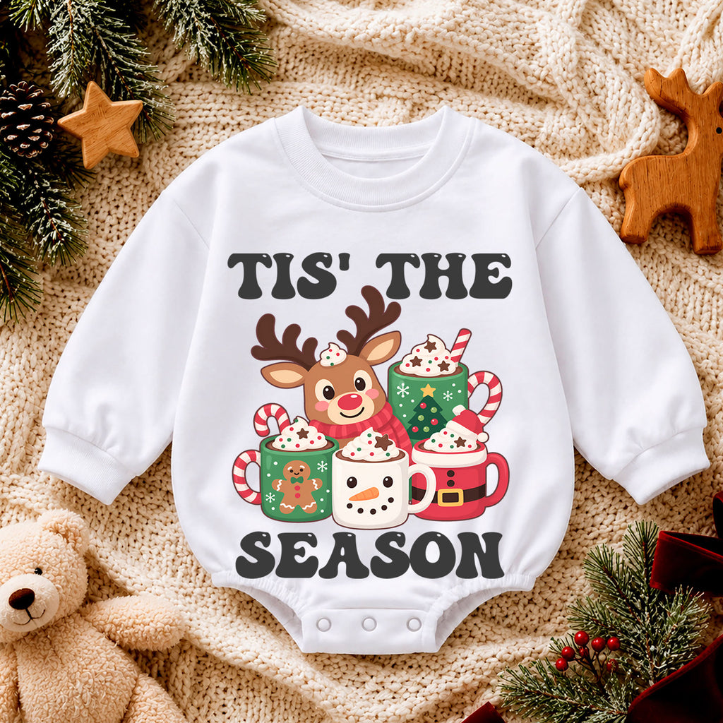 Tis the Season Reindeer Cocoa Baby Romper, Cozy 1st Christmas Outfit, Winter 1st Birthday Holiday Romper, Cute Xmas Gift — product view 4