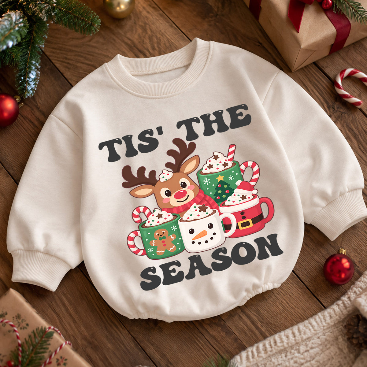 Tis the Season Reindeer Cocoa Baby Romper, Cozy 1st Christmas Outfit, Winter 1st Birthday Holiday Romper, Cute Xmas Gift — product view 5
