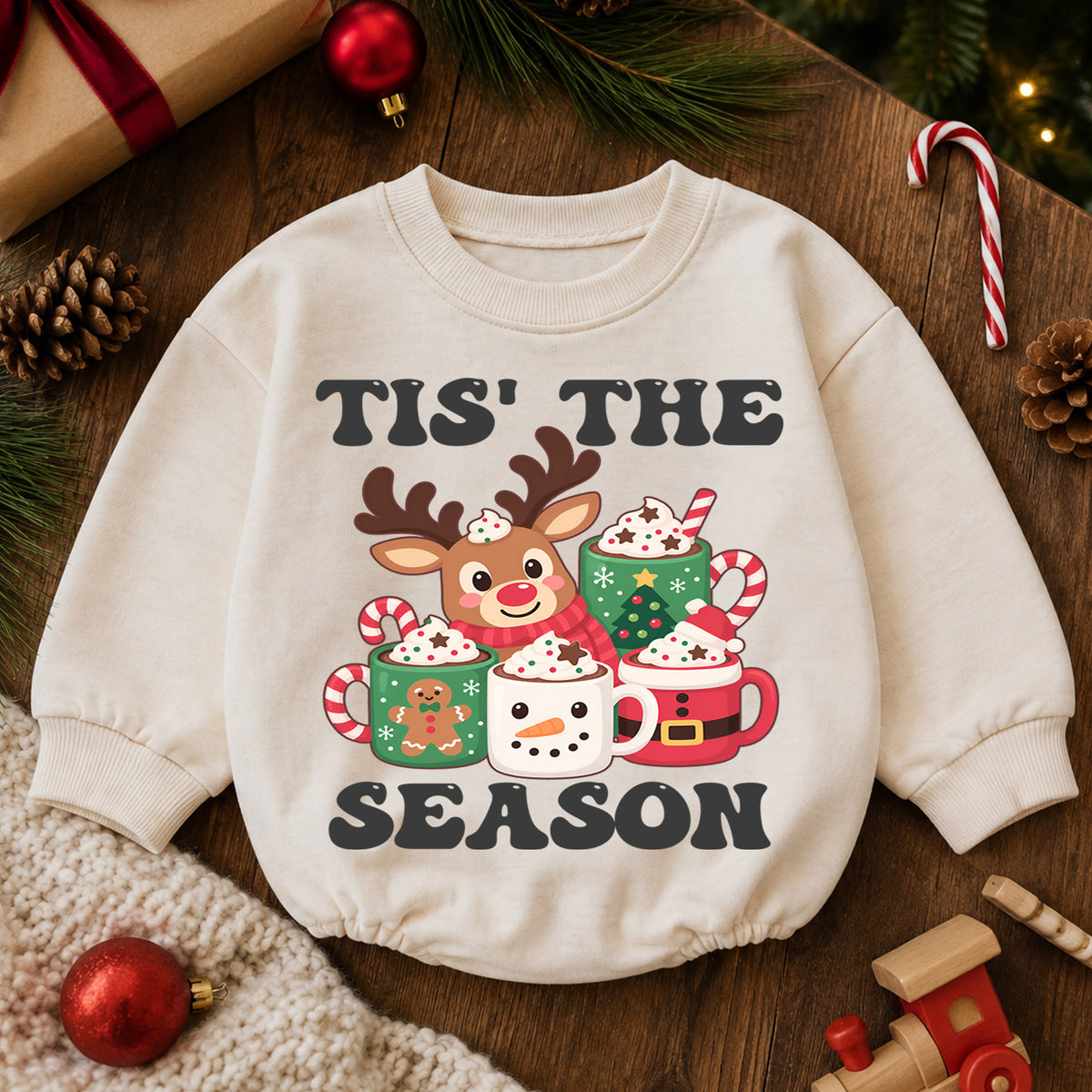 Tis the Season Reindeer Cocoa Baby Romper, Cozy 1st Christmas Outfit, Winter 1st Birthday Holiday Romper, Cute Xmas Gift — product view 6